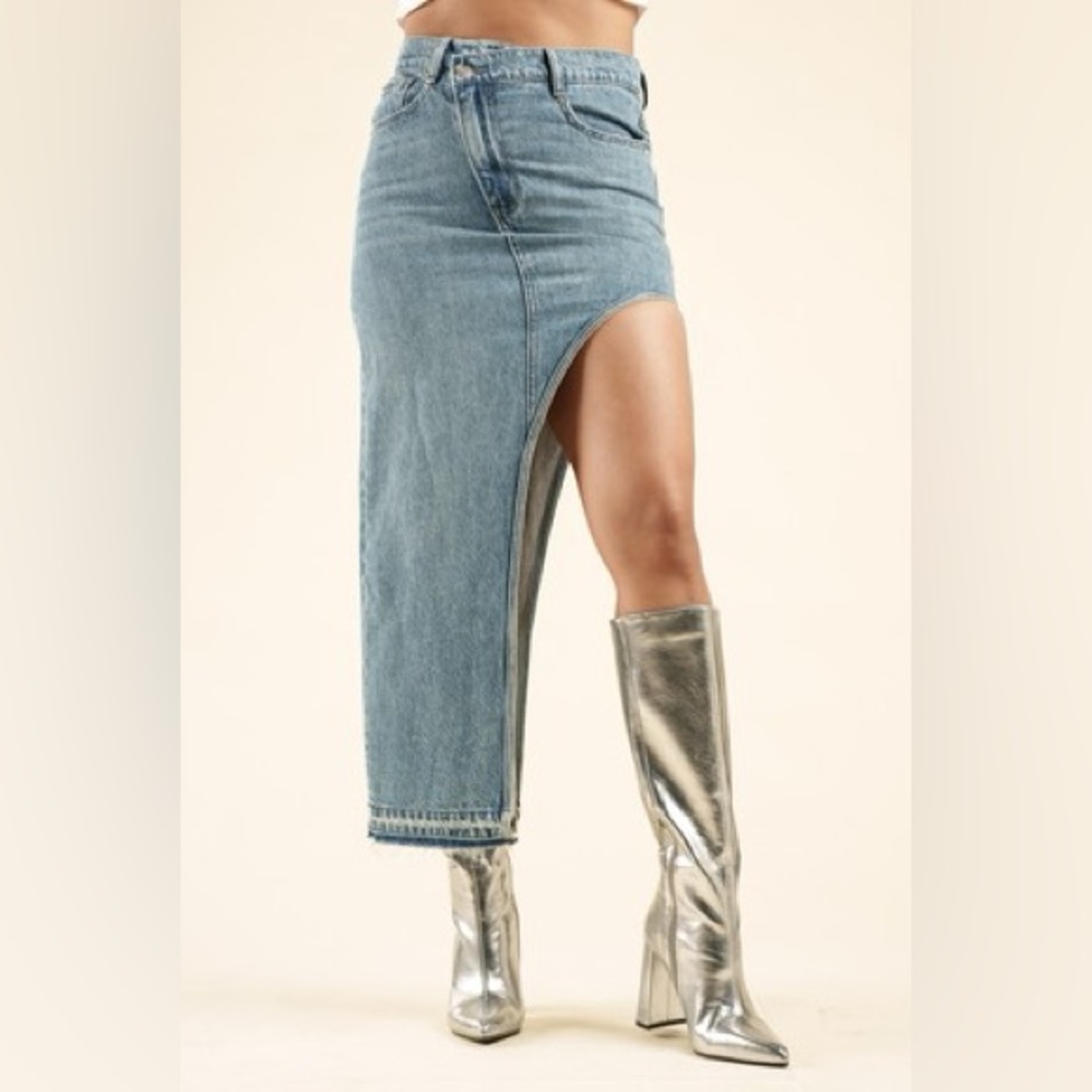 Asymmetrical Denim Skirt with Silver Boots